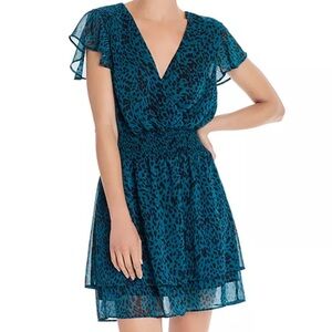 AQUA Jaguar Print Faux-wrap Dress Teal